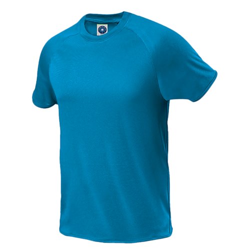 Atollblaues Polyester T-Shirt fr Herren mit kurzen rmeln.