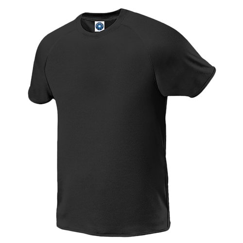 Schwarzes Polyester T-Shirt fr Herren mit kurzen rmeln.
