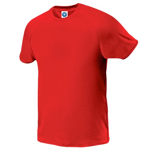 Rotes Polyester T-Shirt mit kurzen rmeln.