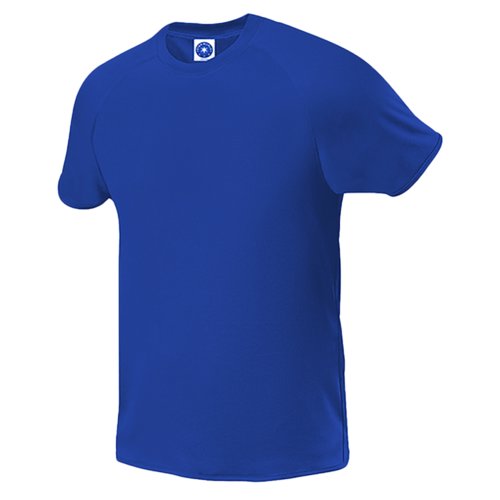 Dunkelblaues Polyester T-Shirt fr Herren mit kurzen rmeln.