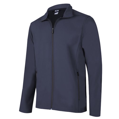 Schwarzblaue Softshelljacke aus Polyester und Elasthan mit Reiverschluss.
