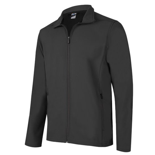Schwarze Softshelljacke aus Polyester und Elasthan mit Reiverschluss.