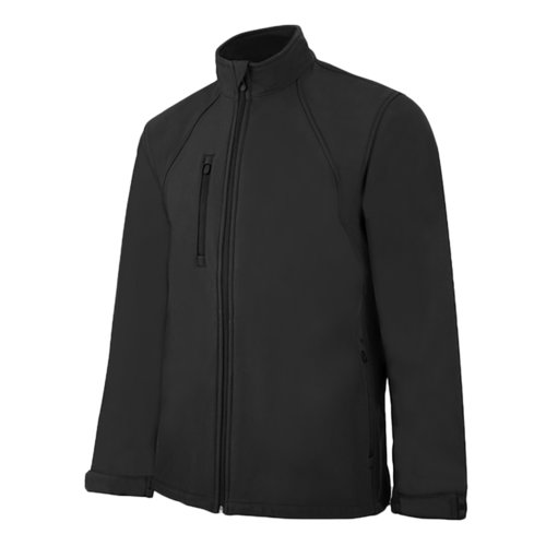 Schwarze Softshelljacke aus Polyester-Elasthan-Mix mit durchgehendem Reiverschluss.