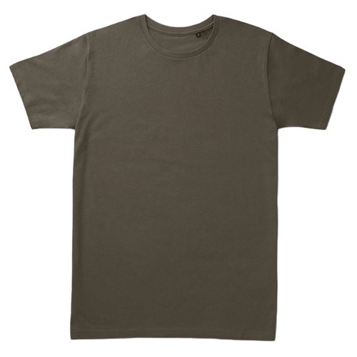 Khaki Baumwoll-T-Shirt mit kurzen rmeln und Rundhalsausschnitt.