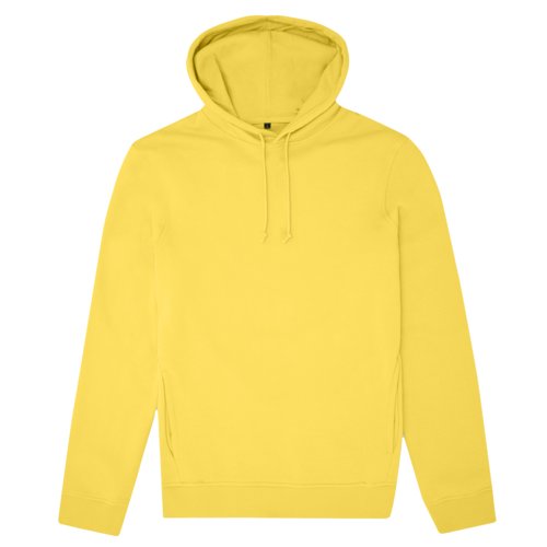 Gelber Baumwoll-Polyester-Hoodie mit Kapuze und Kordelzug.
