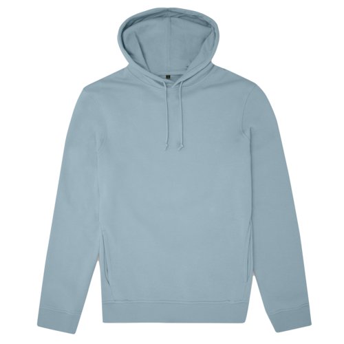 Hellblauer Baumwoll-Polyester-Hoodie mit Kapuze und Kordelzug.