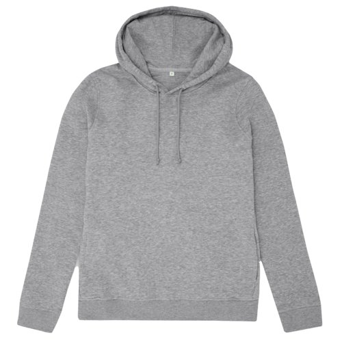 Grau melierter Baumwoll-Polyester-Hoodie mit Kapuze und Kordelzug.