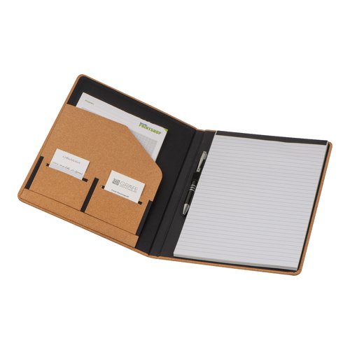Beige Schreibmappe aus Kork mit Stiftschlaufe, Block und Visitenkartenfchern.