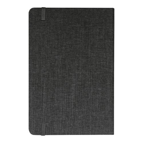 Schwarzes Notizbuch mit Gummibandverschluss.