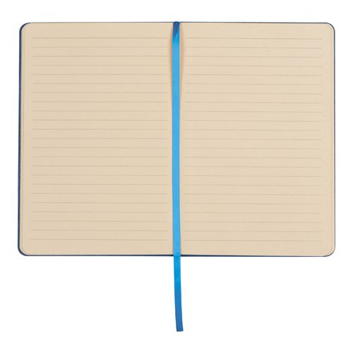 Blaues Notizbuch mit linierten Seiten und Leseband.