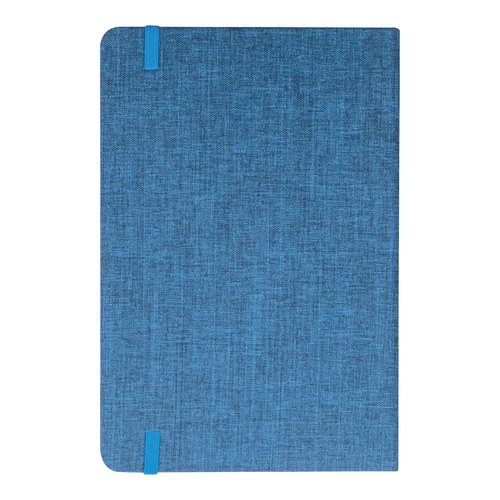 Blaues Notizbuch mit Gummibandverschluss.