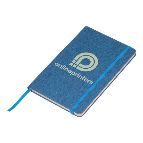 Blaues Notizbuch mit Hardcover, Gummiband und Lesebndchen.