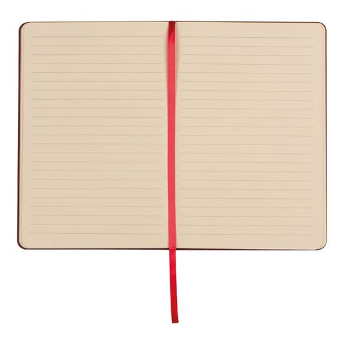 Rotes Notizbuch mit Lesezeichenband und linierten Seiten.