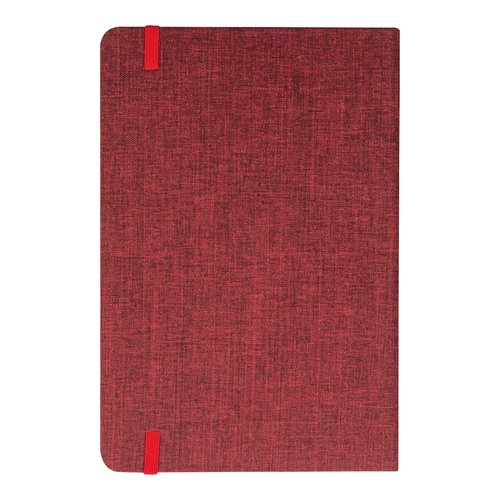 Rotes Notizbuch mit Gummibandverschluss.