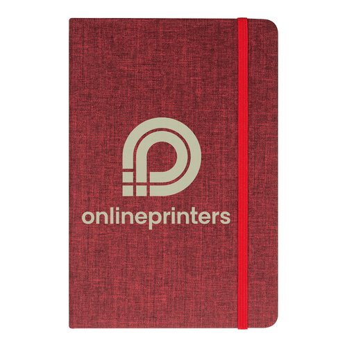 Rotes Notizbuch mit Gummibandverschluss.