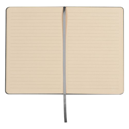 Silbergraues Notizbuch mit Hardcover und Leseband.