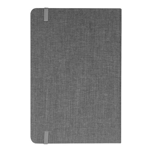 Silbergraues Notizbuch mit Gummibandverschluss.