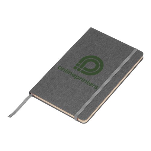 Silbergraues Notizbuch mit Gummibandverschluss und Lesebndchen.