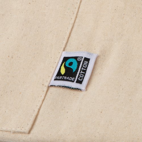 Beige Fairtrade Baumwollschrze mit verstellbarem Nackenband.
