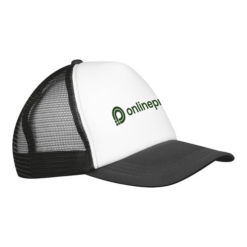 Schwarze Trucker Cap mit Netzstoff und verstellbarem Verschluss.