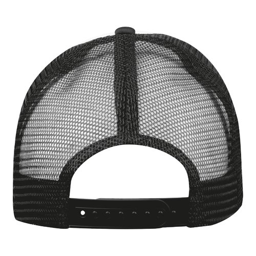 Schwarze Trucker Cap aus Mesh mit verstellbarem Verschluss.