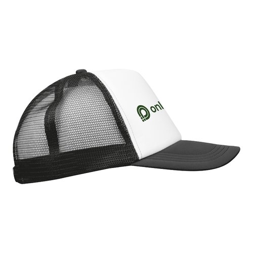 Schwarze Trucker Cap mit Mesh-Einsatz und verstellbarem Verschluss.