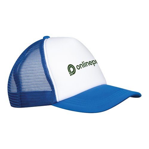 Blaue Trucker Cap aus Polyester mit Netzstoff-Einsatz.