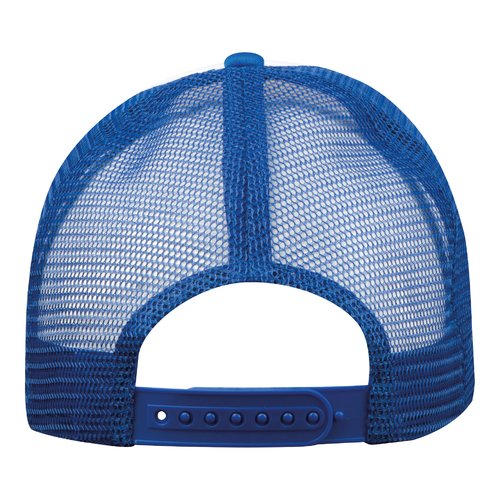 Blaue Trucker Cap aus Stoff mit Netzstoff und verstellbarem Verschluss.