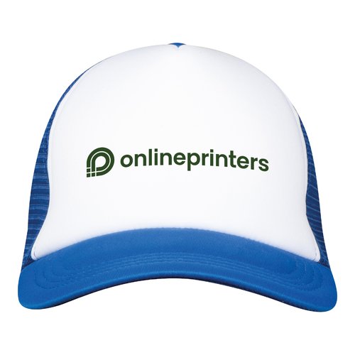 Blaue Trucker Cap mit Netzrckseite und verstellbarem Verschluss.