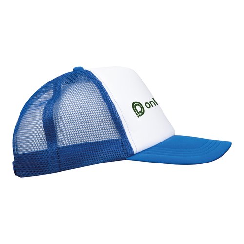 Blaue Trucker Cap mit Netzstoff und verstellbarem Verschluss.
