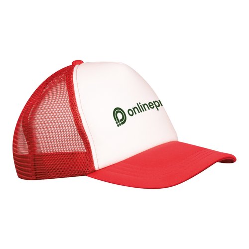 Rote Trucker Cap aus Polyester mit Netzstoff und verstellbarem Verschluss.