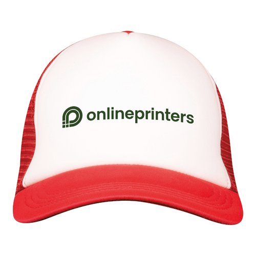 Rote Trucker Cap mit Netzstoff und verstellbarem Verschluss.
