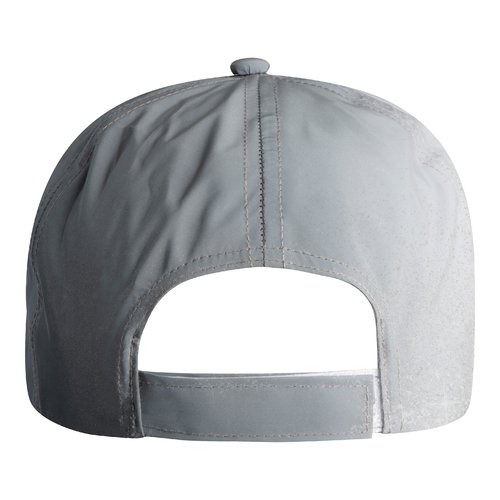Silbergraue Baseballcap aus reflektierendem Material mit verstellbarem Riemen.