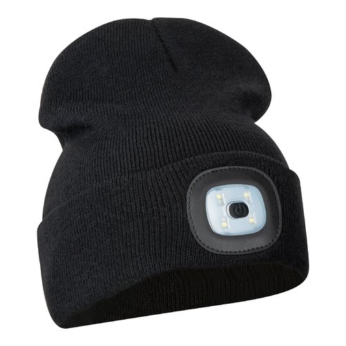 Schwarze Strick-Beanie mit integrierter LED-Lampe.