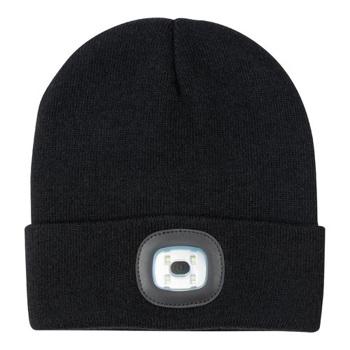 Schwarze Strickmtze mit LED-Leuchte.