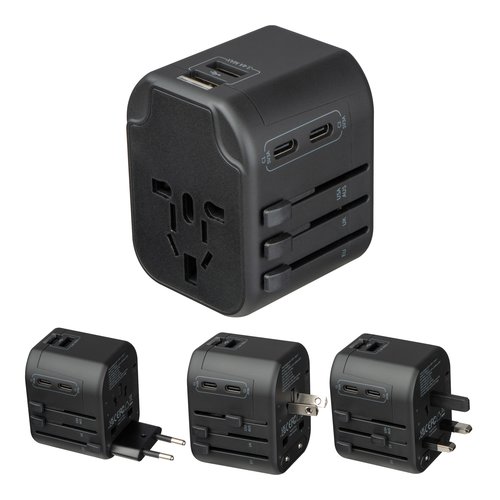 Schwarzer Reiseadapter mit verschiedenen Steckeroptionen und USB-Anschlssen.