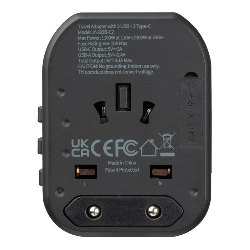 Schwarzer Reiseadapter mit USB-Anschlssen.