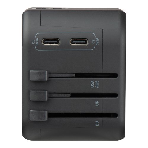 Schwarzer Reiseadapter mit USB-Anschlssen und verschiedenen Steckeroptionen.