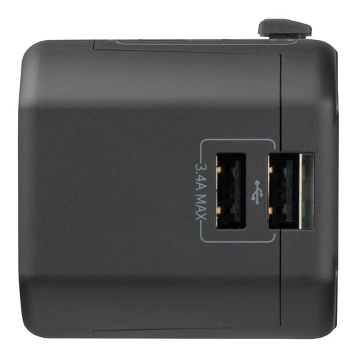 Schwarzer Reiseadapter mit USB-Anschlssen.