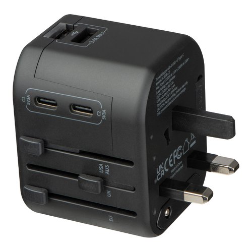 Schwarzer Reiseadapter mit verschiedenen Steckdosen.