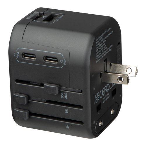 Schwarzer Reiseadapter mit mehreren USB-Anschlssen und verschiedenen Steckeroptionen.