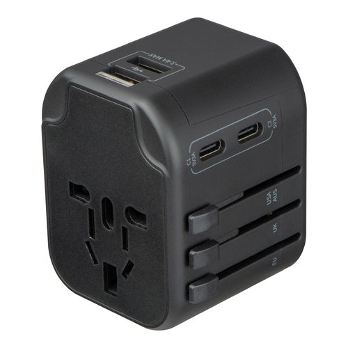 Schwarzer Reiseadapter mit USB- und Steckdosenanschlssen.