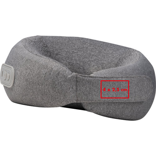 Graues Nackenkissen aus Stoff mit verstellbarem Verschluss.