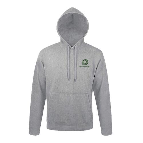 Grau melierter Baumwoll-Polyester-Hoodie mit Kordelzug und K�ngurutasche.
