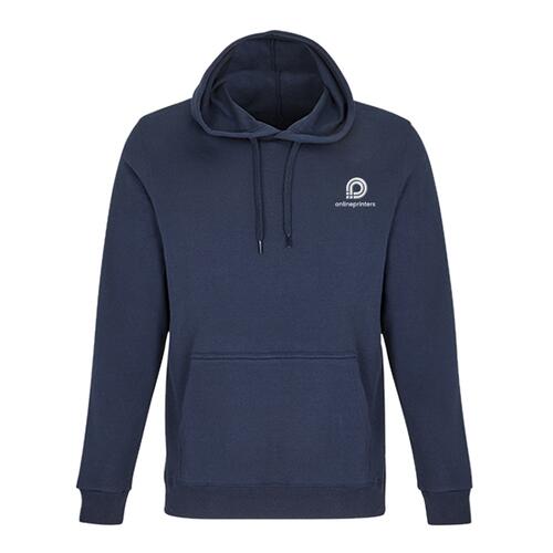 Marineblauer Baumwoll-Polyester-Hoodie mit Kapuze und K�ngurutasche.