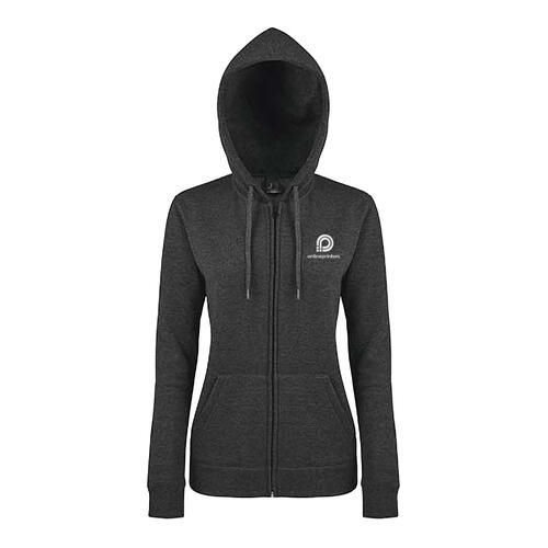 Damen Sweatjacke mit Kapuze, durchgehendem Rei�verschluss und Taschen.