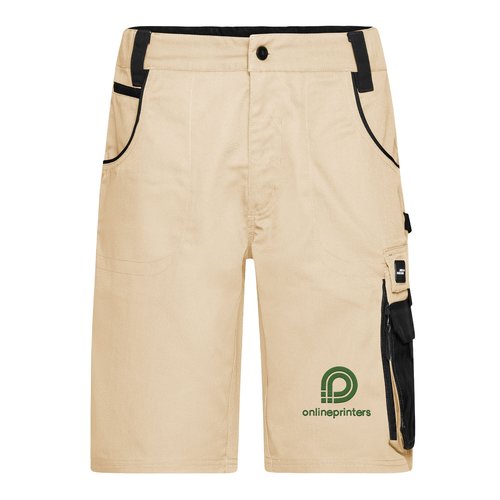 Beige/schwarze Arbeitsshorts aus Polyester-Baumwoll-Mischgewebe mit mehreren Taschen.