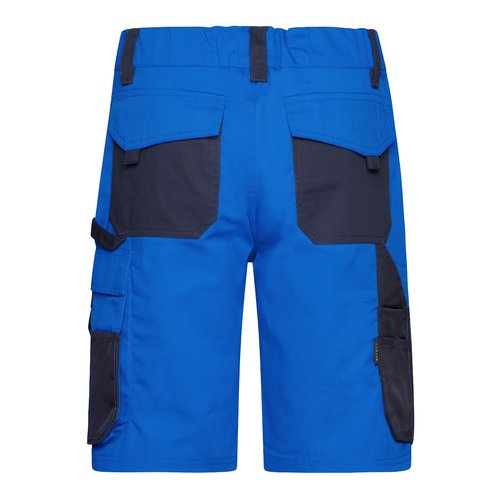 Blaue Arbeitsshorts aus Polyester-Baumwoll-Mischgewebe mit mehreren Taschen.