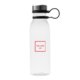 Transparente Trinkflasche mit Schraubverschluss und Trageschlaufe.