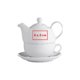 Weies Keramik-Teeset, bestehend aus Teekanne, Tasse und Untertasse.